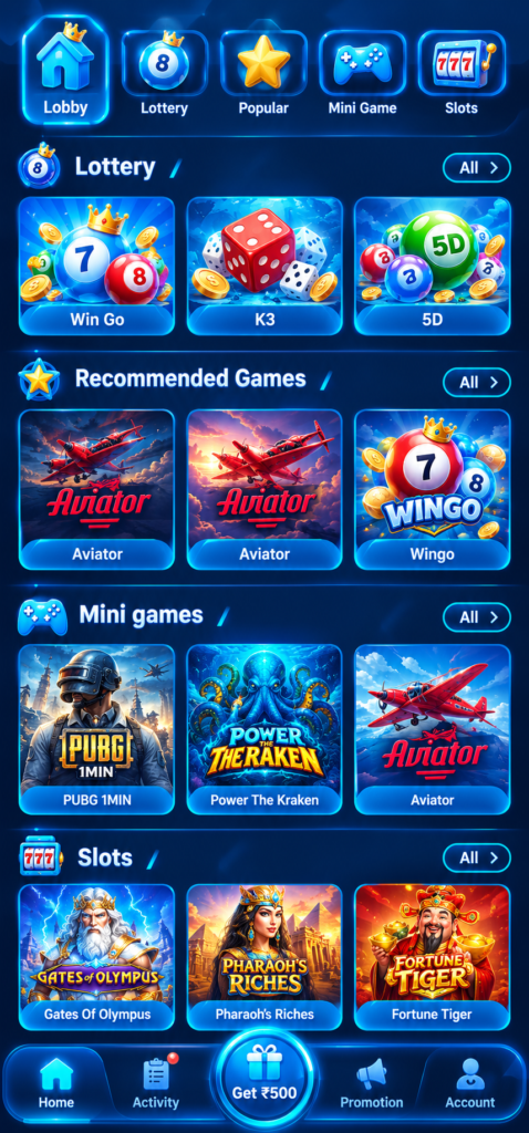 DmFirst game lobby showing Win Go, K3, 5D, Aviator, PUBG 1 Min, and Slots categories