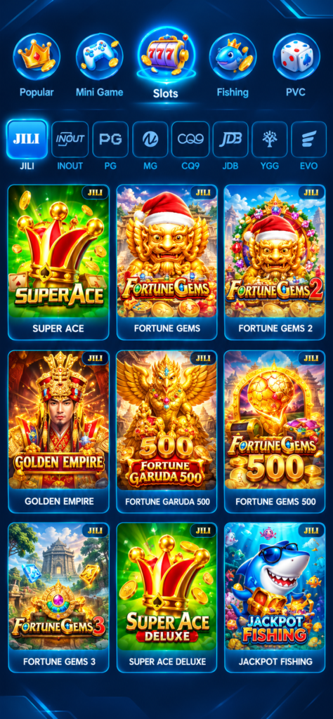 DmFirst Slots section under Jili provider tab showing Super Ace, Fortune Gems, Fortune Gems 2, Golden Empire, and Jackpot Fishing