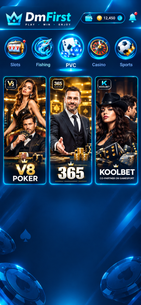 DmFirst PVC section showing V8 Poker, 365, and Koolbet table game providers