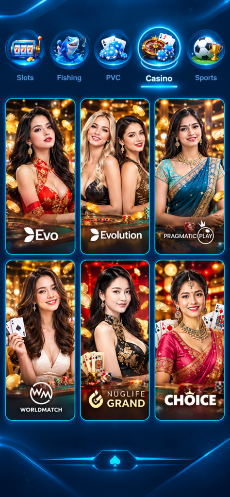 DmFirst Casino section featuring live dealer games from Evo, Sexy, and Indian-themed live tables