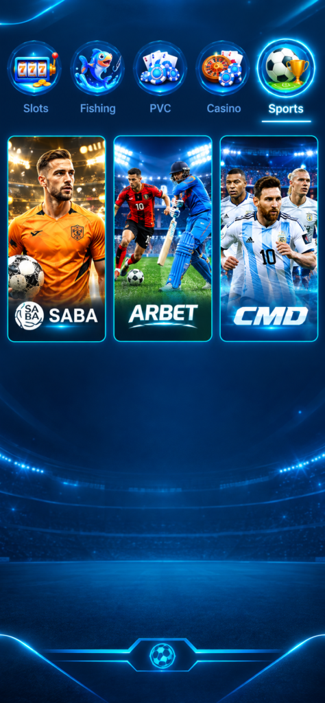 DmFirst Sports section showing Saba, Arbet, and CMD sportsbook betting providers
