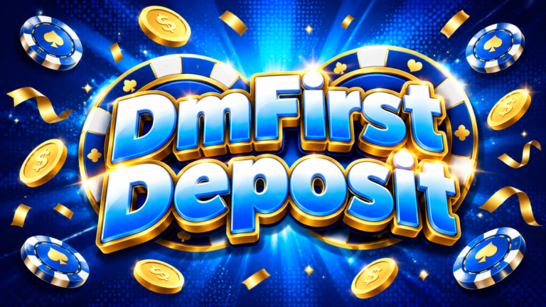 DmFirst Deposit banner with poker chips, gold coins, and confetti graphics